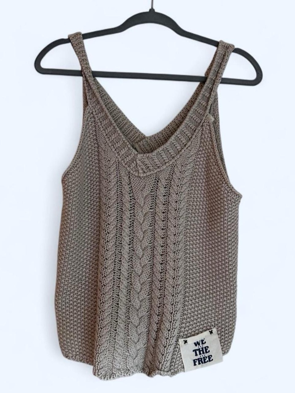 We The Free Taupe Cable Knit V-Neck Tank Top